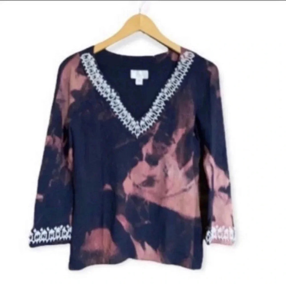 Tie Dye Boho‎ Grunge Beaded V Neck Top Women’s Medium Stretch Rayon Nylon - Picture 3 of 11